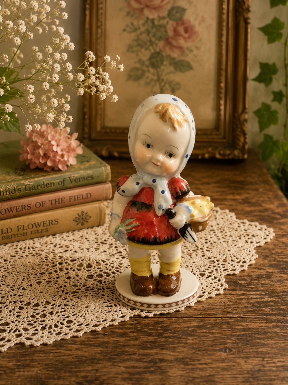 Vintage Occupied Japan Girl with Chicks Figurine 5.5"